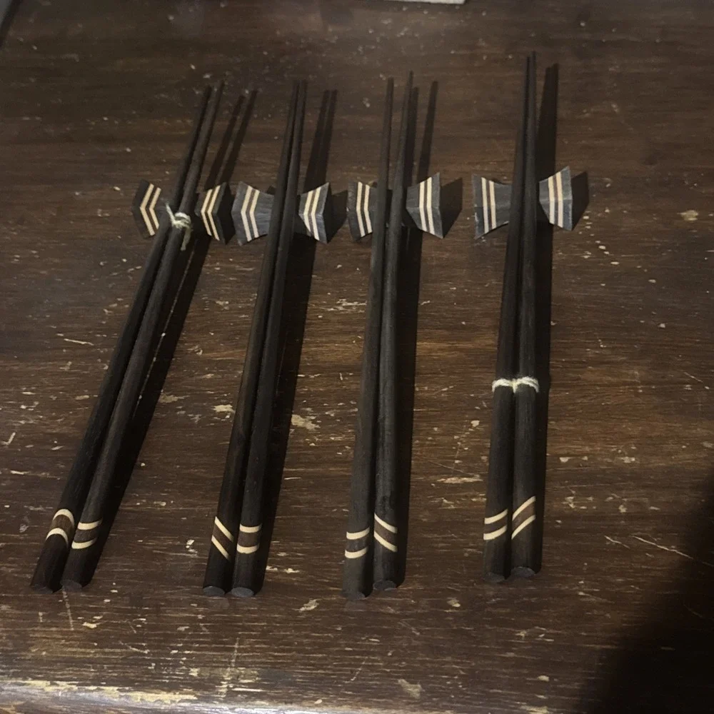 Vintage Wooden Chop Sticks & Resting Blocks With Case‎ 4 Pair Beautiful!